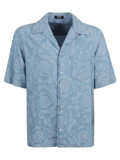 Versace Denim Floral Print Shirt In Light Blue