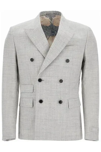 Versace Double-breasted Wool Blend Blazer In Gray