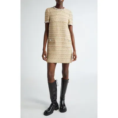 Versace Embellished Tweed Shift Dress In Taupe Ivory