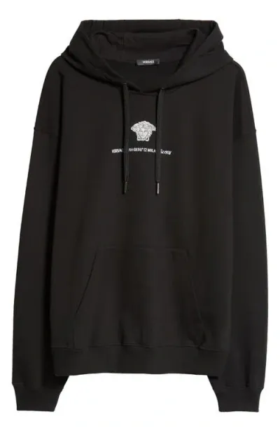 Versace Embroidered Medusa Cotton Hoodie In Black