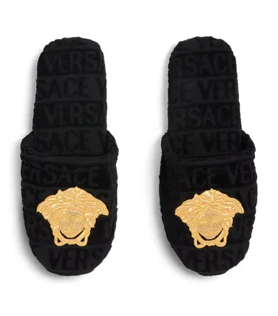 Versace Embroidered Medusa Slippers In Black