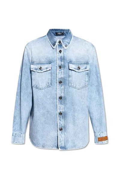 Versace Frayed Buttoned Denim Overshirt In Blue