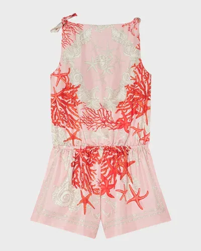 Versace Kids' Girl's Barocco-trim Silk Romper In Dusty Rose