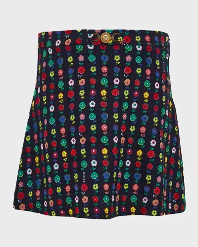 Versace Kids' Girl's Falling Flowers-print Skirt W/ Medusa Buckle In Black/multicolor