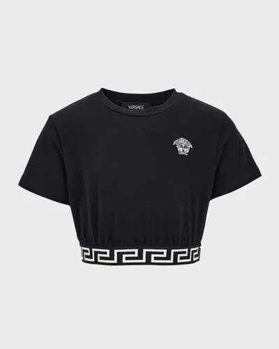 Versace Kids' Girl's Greca Border Cropped T-shirt In Black/white