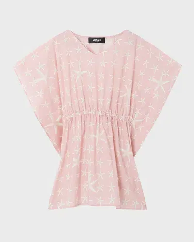 Versace Kids' Girl's Starfish-print Kaftan Coverup In Dusty Rose/ivory