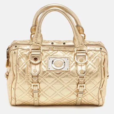 Pre-owned Versace Gold Quilted Leather Studded Medusa Head Boston Bag