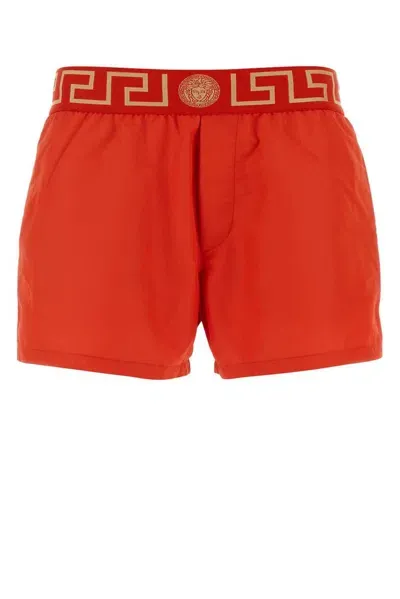 Versace Greca Border Elasticated Waistband Swim Shorts In Red