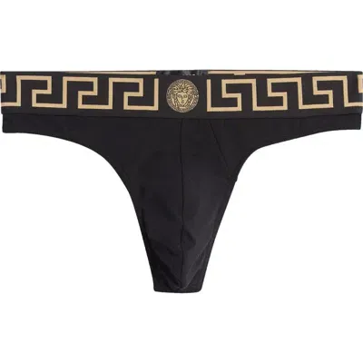 Versace Greca Border Thong In A80g-black Gold