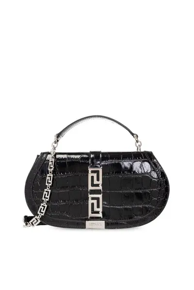 Versace Greca Goddess Embossed Shoulder Bag In Black