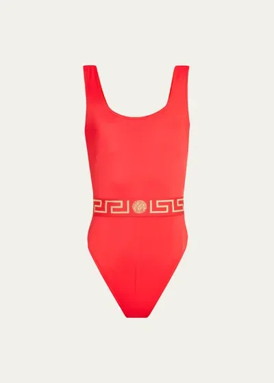 Versace Greca One-piece Swimsuit In Red