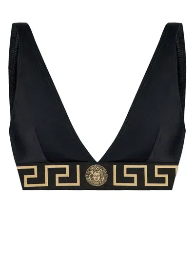 Versace Greca-print Bikini Top In Black