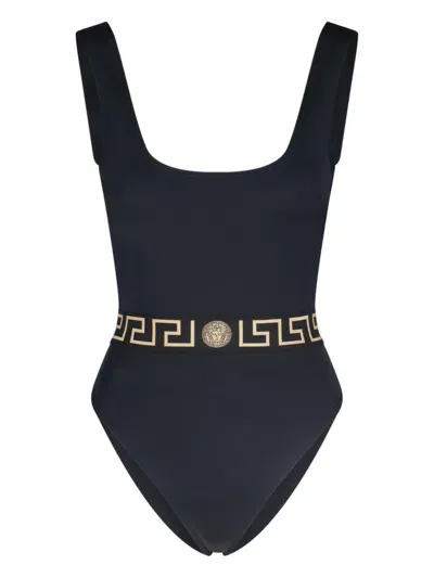 Versace Greca-print Swimsuit In Negro