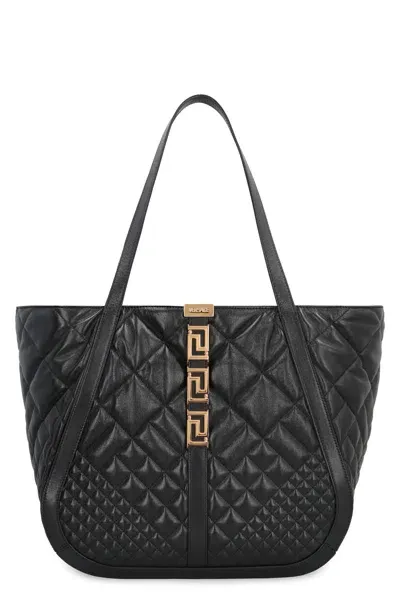 Versace Greca Goddess Leather Tote In Black