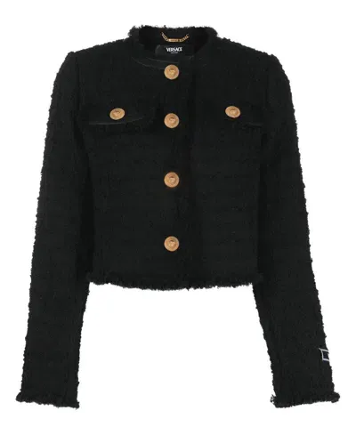 Versace Cropped Frayed Tweed Jacket In Black