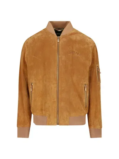 Versace Logo-embossed Suede Bomber Jacket In Tan