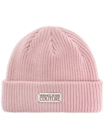 Versace Jeans Couture Logo-plaque Knitted Beanie In Pink