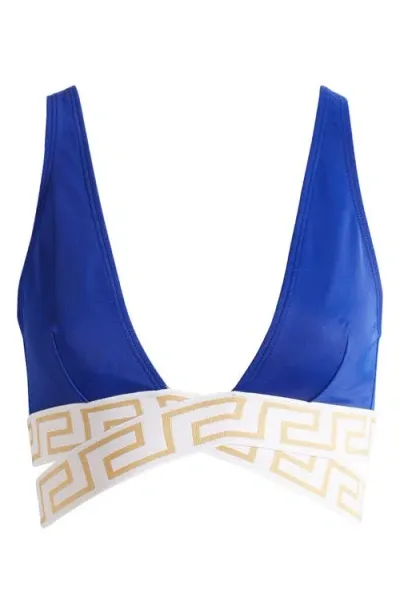 Versace La Greca Bikini Top In Blue/white/gold