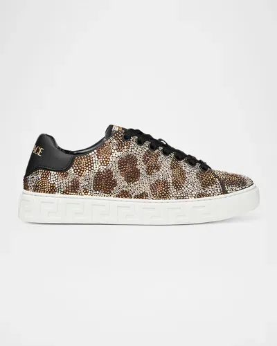 Versace La Greca Leopard Crystal Low-top Sneakers In Animalier