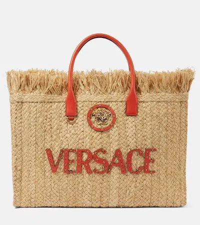 Versace Tote Handbag Straw In Neutrals