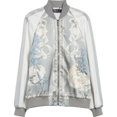 Versace La Vacanza Satin Bomber Jacket In 5e360-cocrete Dusty Blue Bone