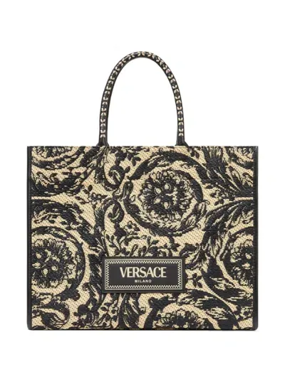 Versace Large Barocco Athena Raffia Tote Bag In Schwarz