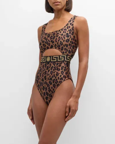 Versace Leopard Greca Border One-piece Swimsuit In Leopard All Over