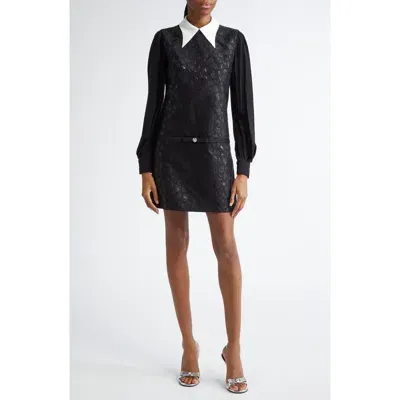 Versace Leopard Long Sleeve Jacquard Minidress In Black