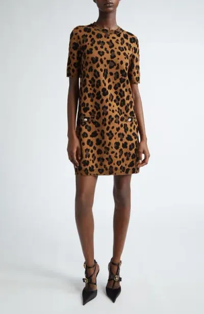 Versace Leopard Virgin Wool Jacquard Sweater Dress In Animalier