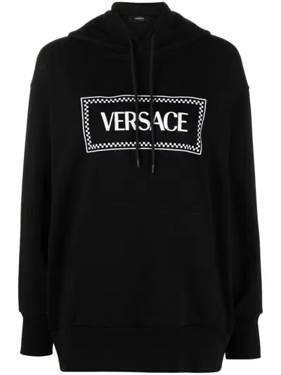 Versace Logo-print Rib-trimmed Hoodie In Black White