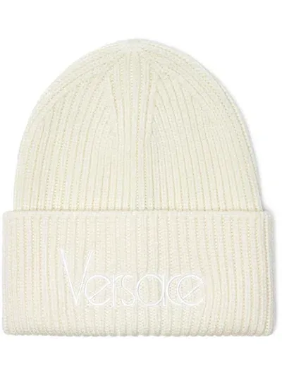 Versace Logo-embroidered Ribbed-knit Beanie In Neutrals