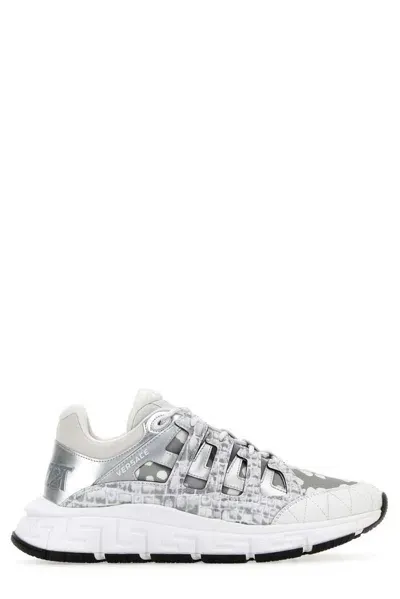 Versace Two-tone Fabric And Leather Trigreca Sneakers In White