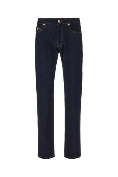 Versace Logo Patch Straight-leg Jeans In Denim