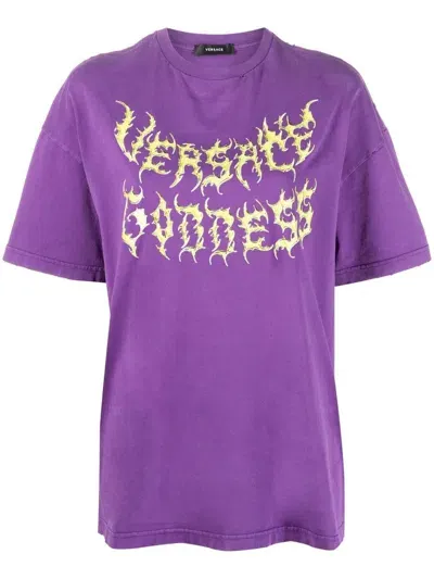 Versace Logo-print Cotton T-shirt In Bright Dark Orchid