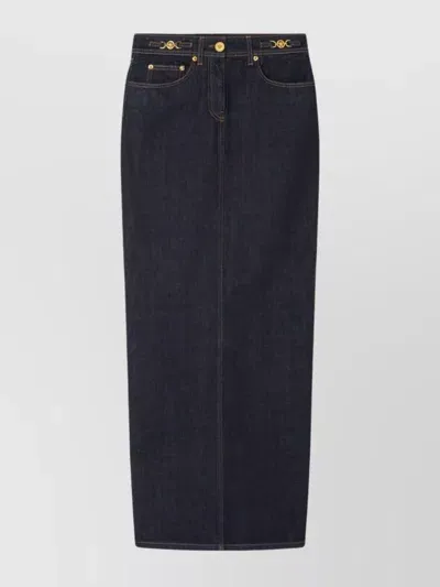 Versace Long High-waisted Denim Skirt With Rear Slit In Black