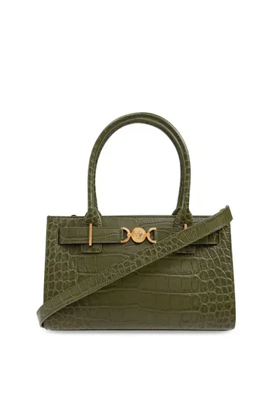 Versace Medusa '95 Croc Embossed Mini Leather Tote In Dark Olive