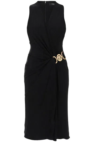 Versace Medusa Head-belt Ruched-jersey Midi Dress In Black