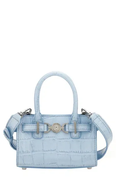 Versace Medusa 95 Mini Croc Embossed Leather Tote In Pastel Blue-palladium