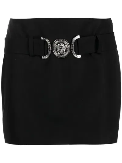 Versace Belted Grain De Poudre Wool Mini Skirt In Black