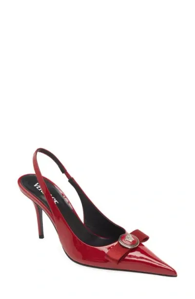 Versace Medusa Bow Pointed Toe Slingback Pump In Lipstick Red-palladium