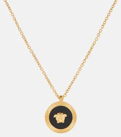 Versace Medusa Enamel Pendant Necklace In Nero-oro Tribute