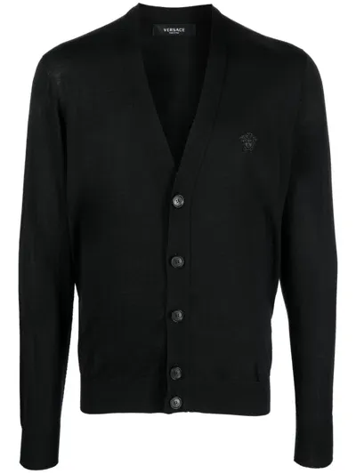 Versace Medusa Head Embroidered Cardigan In Black