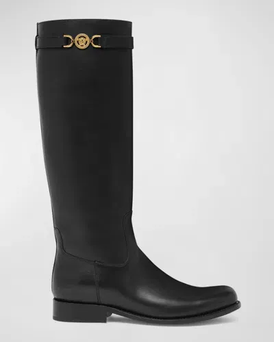 Versace Medusa Leather Riding Boots In Black