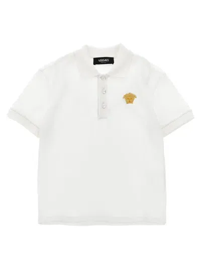 Versace Kids' Medusa Head Cotton Polo Shirt In White+gold