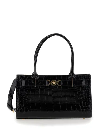 Versace Meidum Tote Croco Effect Leather In Black