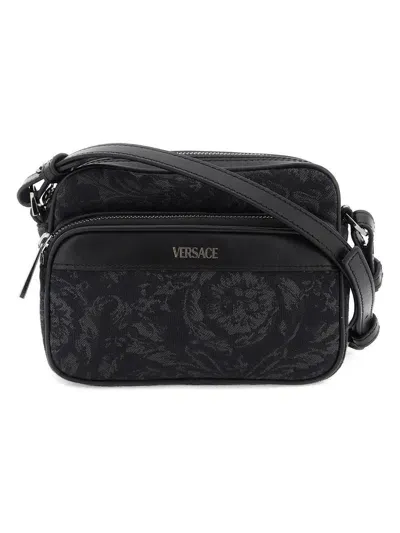 Versace Embroidered Fabric Athena Crossbody Bag In Black