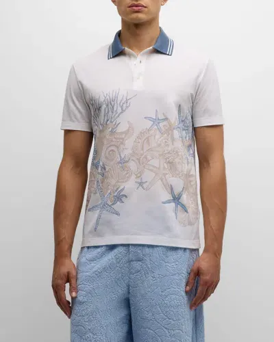 Versace Men's Holiday-print Pique Polo Shirt In White