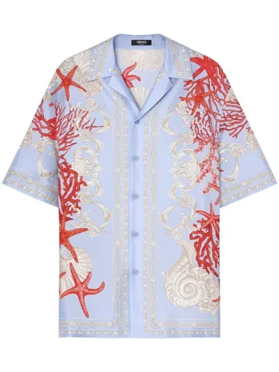 Versace Hydrangea-print Silk Shirt In Blue+print