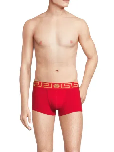 Versace Red Greca Border Long Boxers In Red Gold