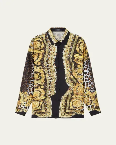 Versace Men's Leopard Barocco Silk Twill Shirt In Print